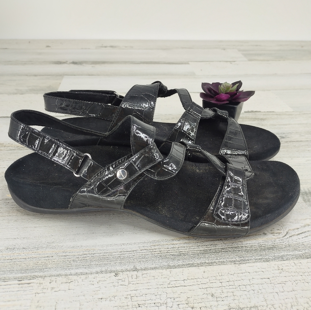 Vionic Black Patent Leather Strappy Sandals